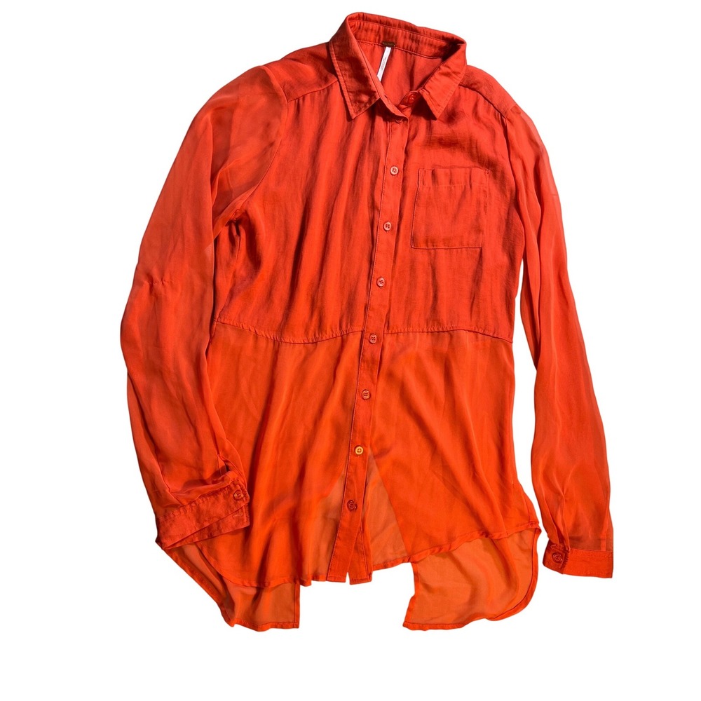 Free People Button Up Blouse Women's Small Orange Sheer High Low Tunic Top